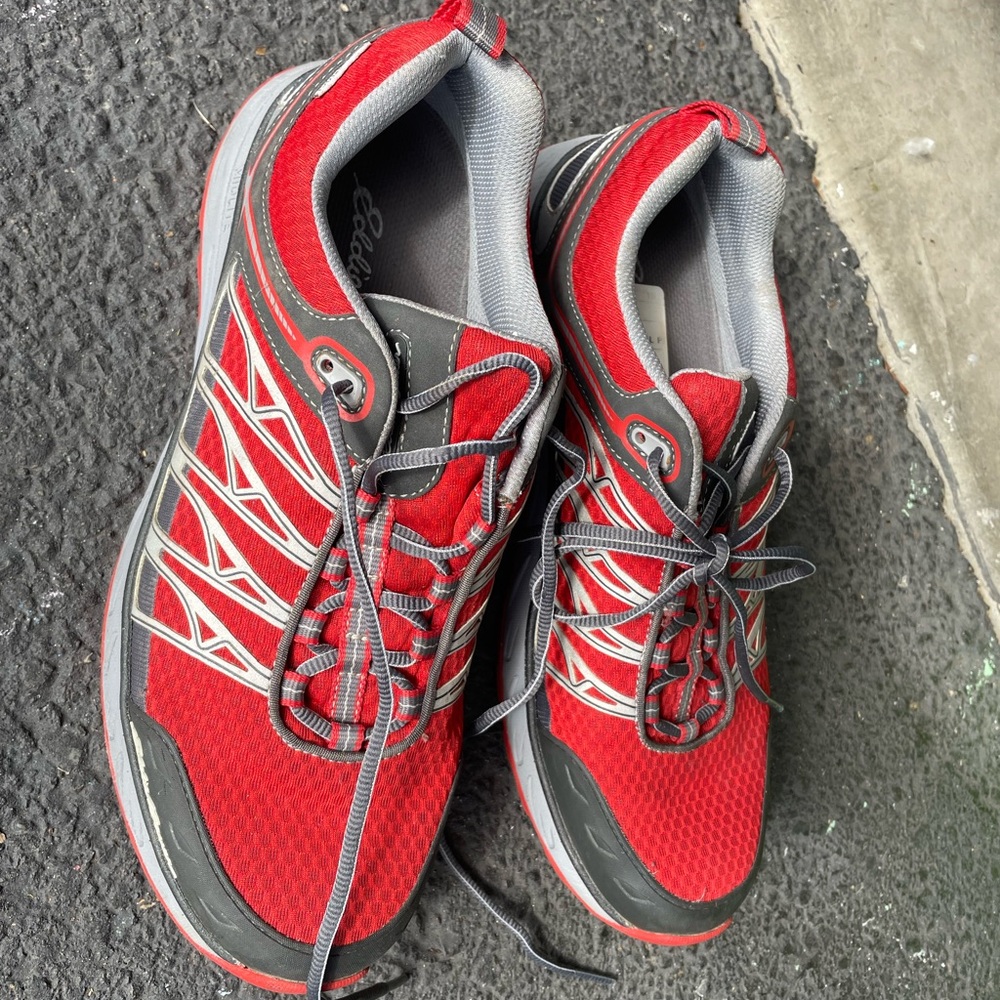 Red and Gray Athletic Shoes